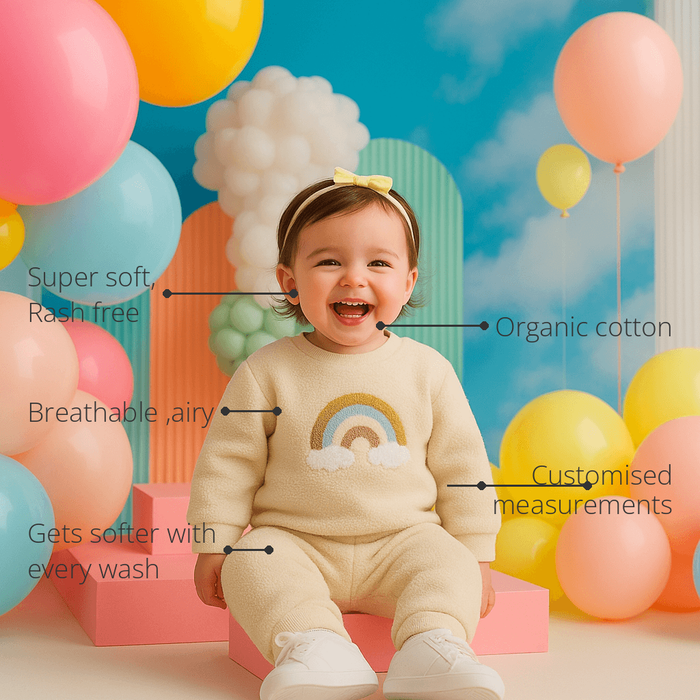 Anaario Off-white Rainbow Fleece Set features - organic cotton, super soft and rash free, breathable, gets softer with every wash, customised measurements