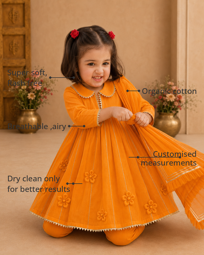 Anaario Orange Anarkali Set features - organic cotton, super soft and rash free, breathable, dry clean only, customised measurements