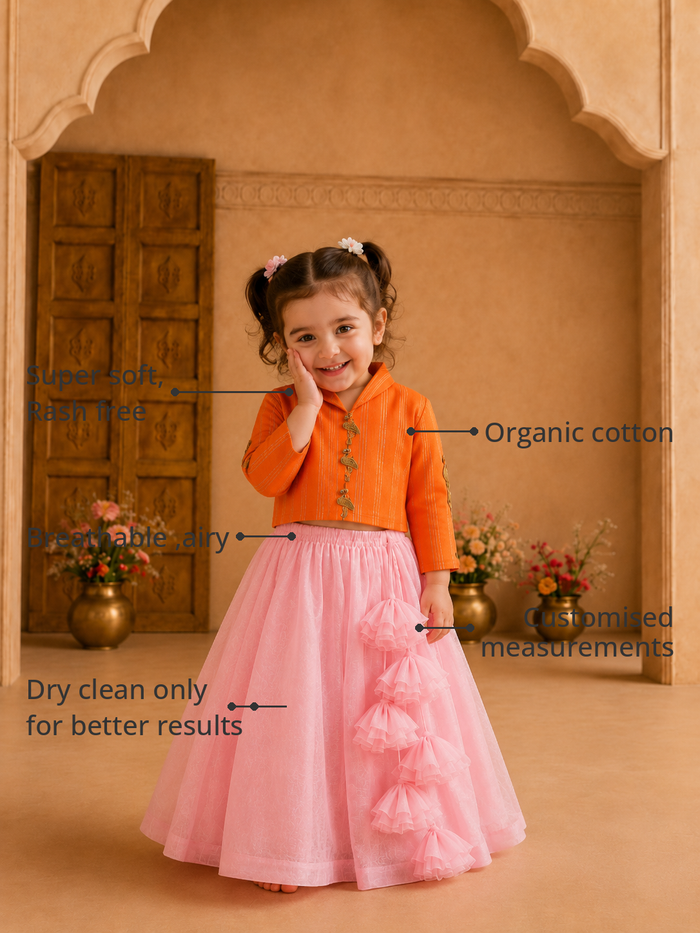 Anaario Orange Flamingo Jacket-Lehenga Set features - organic cotton, super soft and rash free, breathable, dry clean only, customised measurements