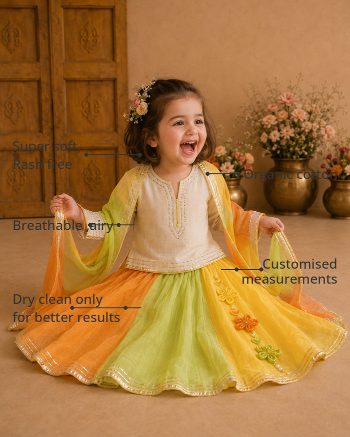 Anaario Orange Green Yellow Lehenga Set features - organic cotton, super soft and rash free, breathable, dry clean only, customised measurements