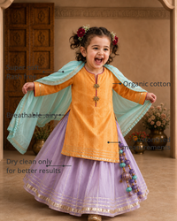 Anaario Orange Palm Lehenga Set features - organic cotton, super soft and rash free, breathable, dry clean only, customised measurements