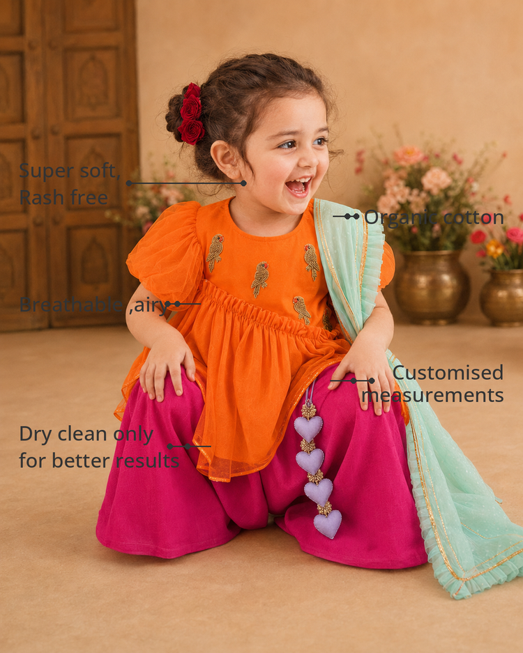 Anaario Orange Parrot Peplum Palazzo Set features - organic cotton, super soft and rash free, breathable, dry clean only, customised measurements