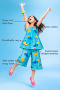 Anaario Parrot and tropical fruits Co-ord Set features - organic cotton, super soft and rash free, breathable, gets softer with every wash, customised measurements