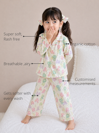 Anaario Pastel Alphabets Night Suit features - organic cotton, super soft and rash free, breathable, gets softer with every wash, customised measurements