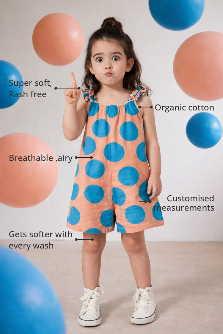 Anaario The Peaches & Pop Romper features - organic cotton, super soft and rash free, breathable, gets softer with every wash, customised measurements