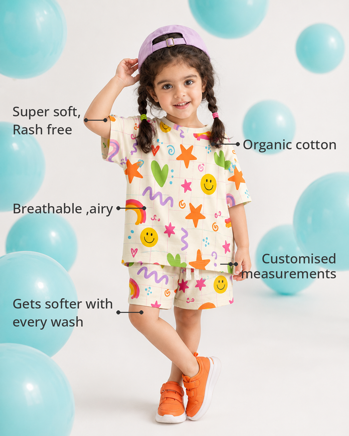 Anaario The Peppy Picnic Shorts Set features - organic cotton, super soft and rash free, breathable, gets softer with every wash, customised measurements