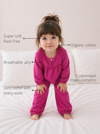 Anaario Pink-a-Boo Night Suit features - organic cotton, super soft and rash free, breathable, gets softer with every wash, customised measurements