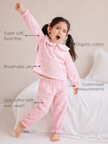 Anaario Pink Alphabet Night Suit features - organic cotton, super soft and rash free, breathable, gets softer with every wash, customised measurements