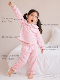 Anaario Pink Alphabet Night Suit features - organic cotton, super soft and rash free, breathable, gets softer with every wash, customised measurements