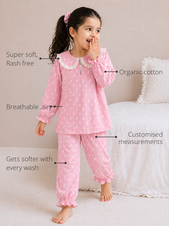 Anaario Pink and white Raindrops Night Suit features - organic cotton, super soft and rash free, breathable, gets softer with every wash, customised measurements