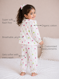 Anaario Pink Blossom Night Suit features - organic cotton, super soft and rash free, breathable, gets softer with every wash, customised measurements