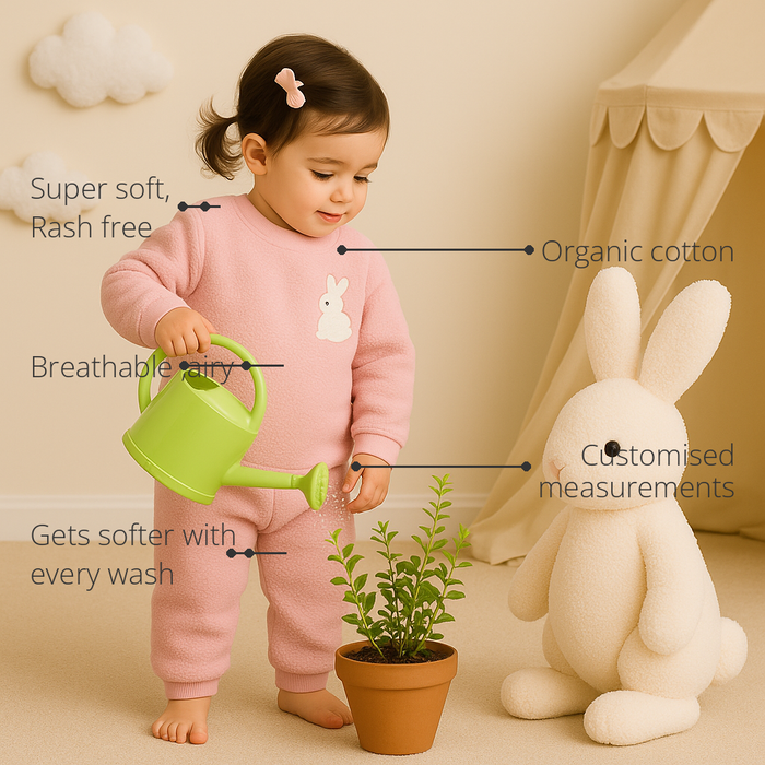 Anaario Pink Bunny Fleece Set features - organic cotton, super soft and rash free, breathable, gets softer with every wash, customised measurements
