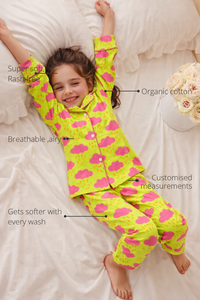 Anaario Pink Clouds Night Suit features - organic cotton, super soft and rash free, breathable, gets softer with every wash, customised measurements
