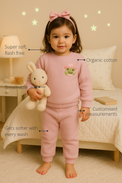 Anaario Pink Frog Fleece Set features - organic cotton, super soft and rash free, breathable, gets softer with every wash, customised measurements