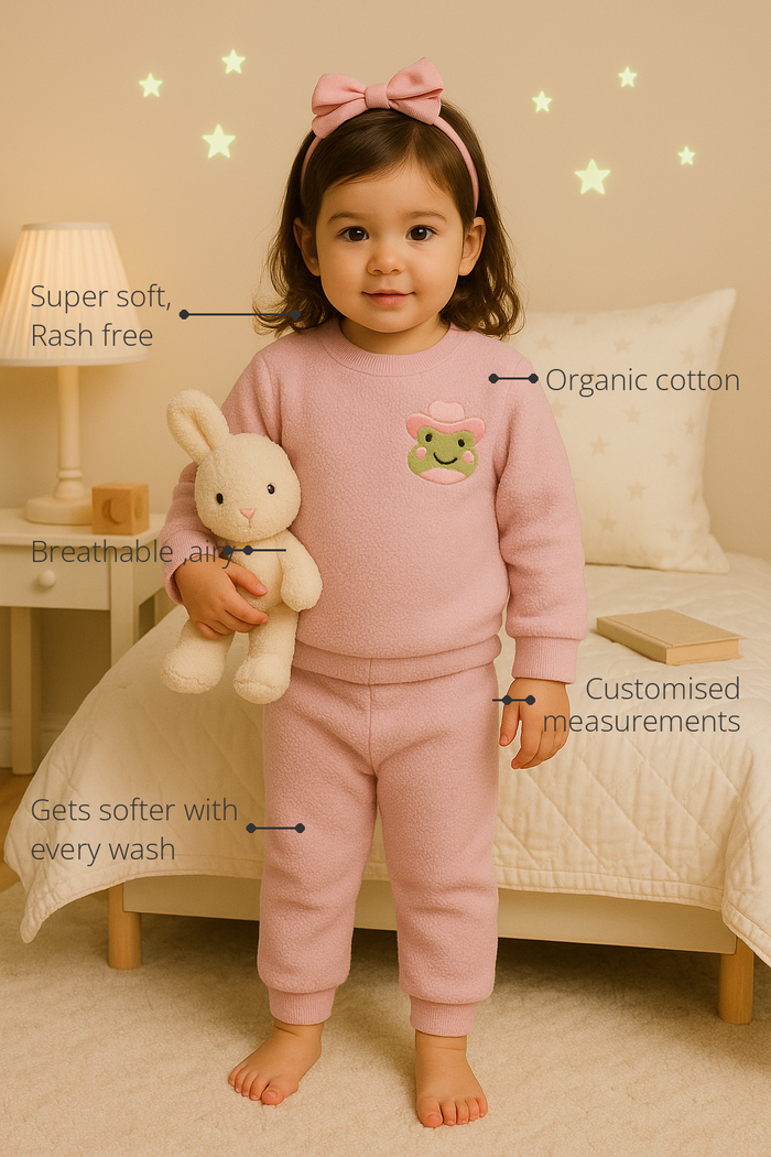 Anaario Pink Frog Fleece Set features - organic cotton, super soft and rash free, breathable, gets softer with every wash, customised measurements