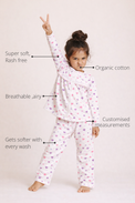 Anaario Pink Heart Night Suit features - organic cotton, super soft and rash free, breathable, gets softer with every wash, customised measurements