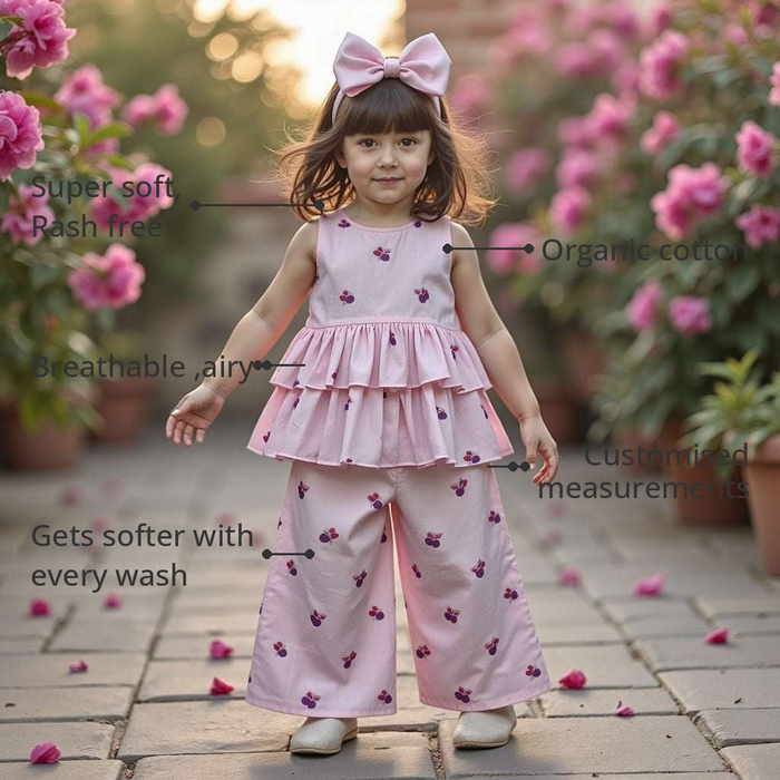 Anaario Pink Petal Co-ord Set features - organic cotton, super soft and rash free, breathable, gets softer with every wash, customised measurements
