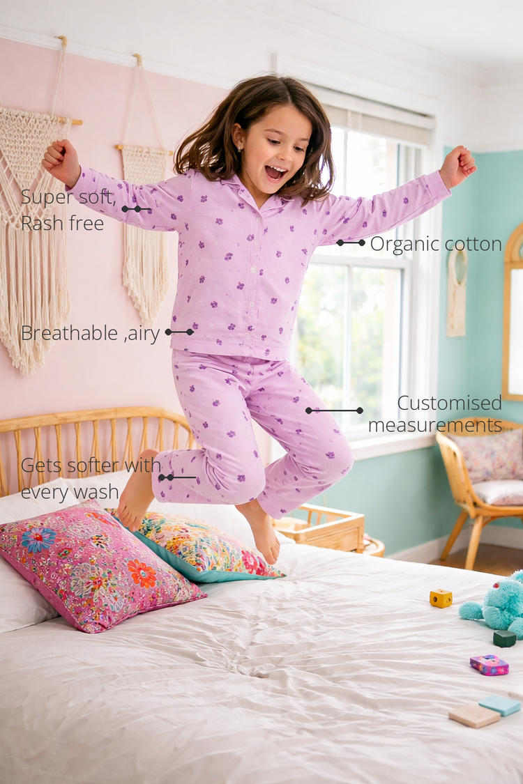 Anaario Pink Petal Night Suit features - organic cotton, super soft and rash free, breathable, gets softer with every wash, customised measurements