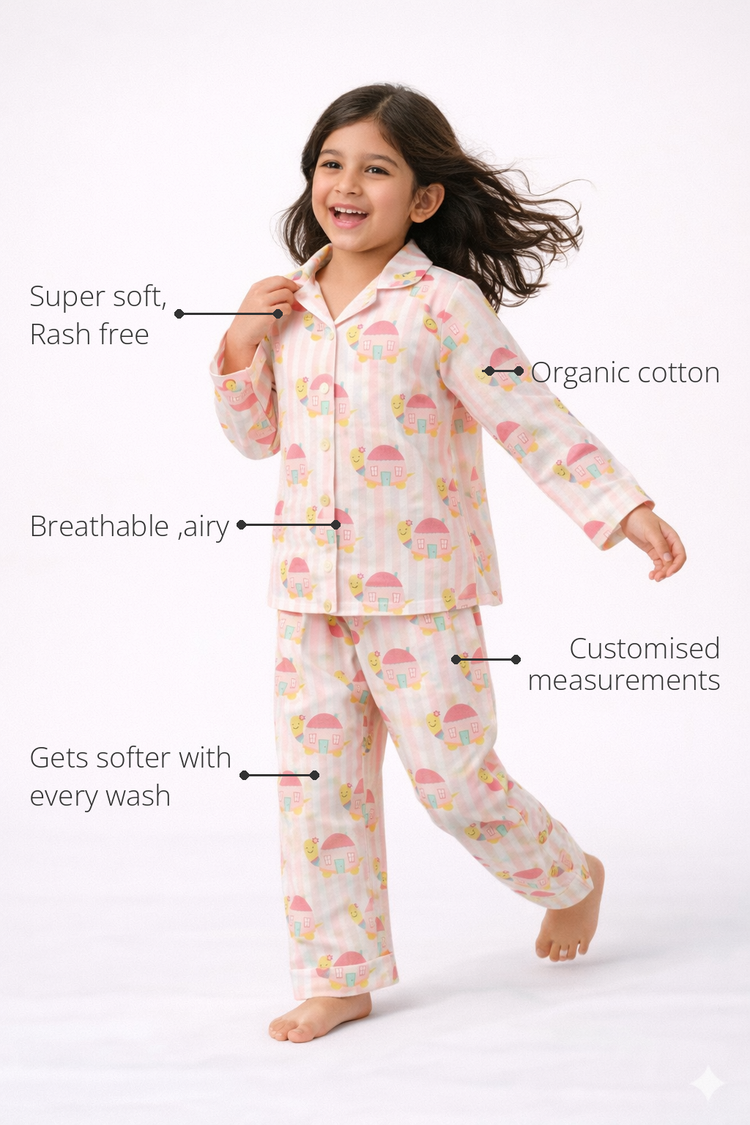 Anaario Pink Snail-House Night Suit features - organic cotton, super soft and rash free, breathable, gets softer with every wash, customised measurements