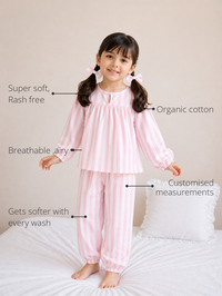 Anaario Pink Stripes Night Suit features - organic cotton, super soft and rash free, breathable, gets softer with every wash, customised measurements