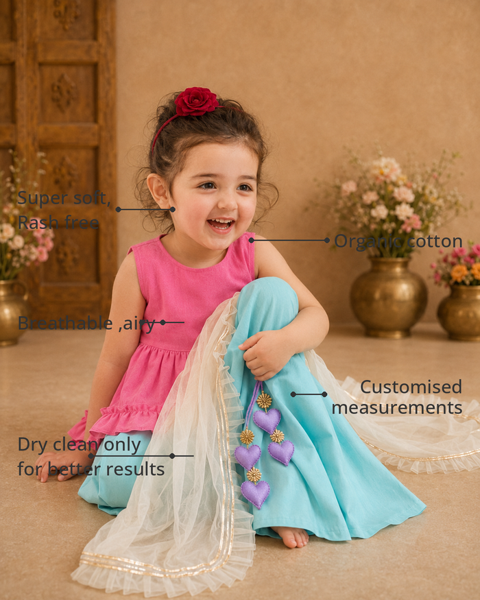 Anaario Pink Teal Palazzo Set features - organic cotton, super soft and rash free, breathable, dry clean only, customised measurements