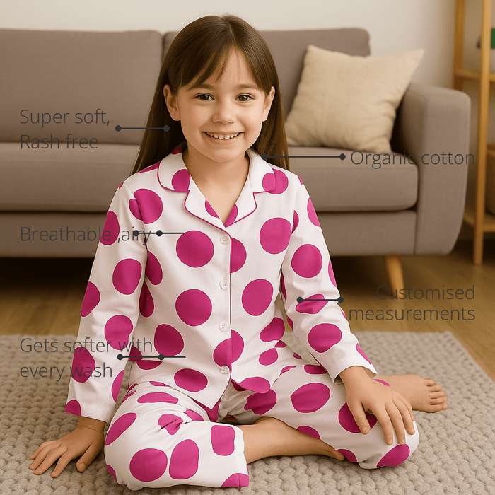 Anaario Pinkberry Pop Night Suit features - organic cotton, super soft and rash free, breathable, gets softer with every wash, customised measurements