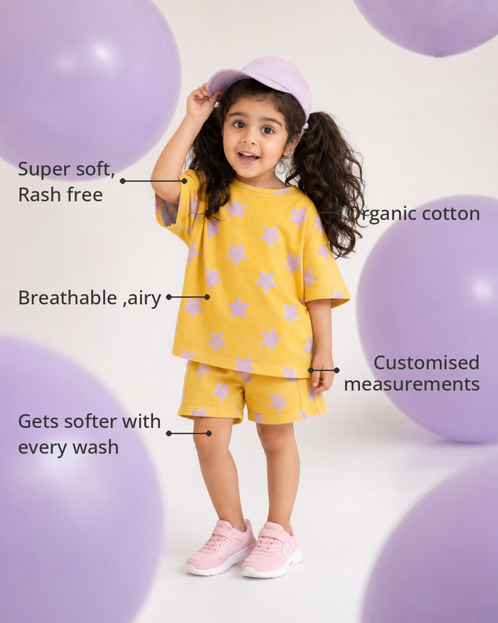 Anaario The Playdate Shorts Set features - organic cotton, super soft and rash free, breathable, gets softer with every wash, customised measurements