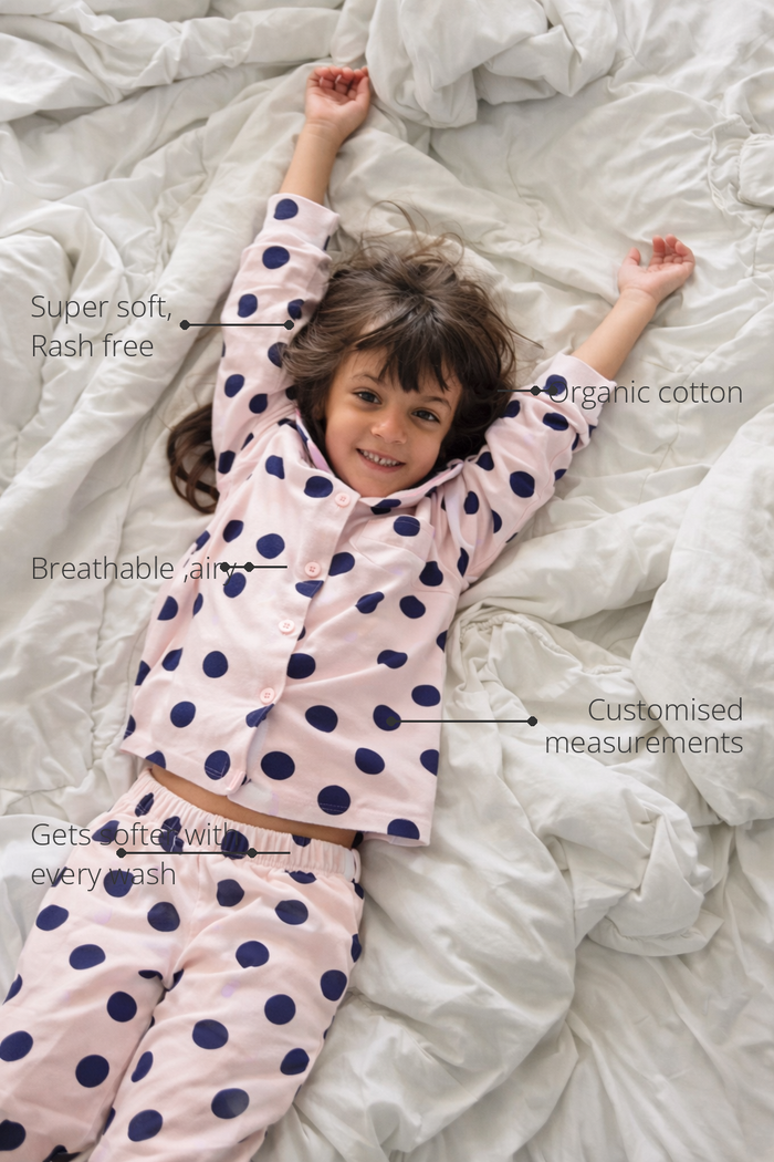 Anaario Polka Pop Night Suit features - organic cotton, super soft and rash free, breathable, gets softer with every wash, customised measurements