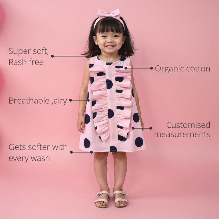 Anaario Polka Pop Princess Dress features - organic cotton, super soft and rash free, breathable, gets softer with every wash, customised measurements