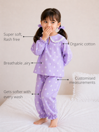 Anaario Purple Alphabet Night Suit features - organic cotton, super soft and rash free, breathable, gets softer with every wash, customised measurements