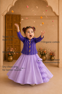 Anaario Purple Bird Jacket-Lehenga Set features - organic cotton, super soft and rash free, breathable, dry clean only, customised measurements