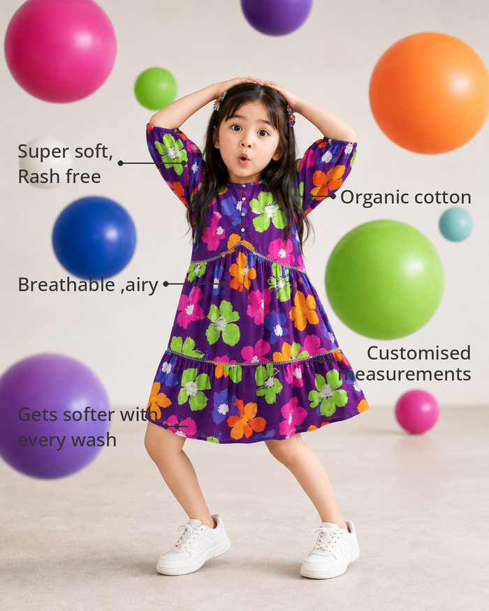 Anaario Purple Bloom Tiered Dress features - organic cotton, super soft and rash free, breathable, gets softer with every wash, customised measurements