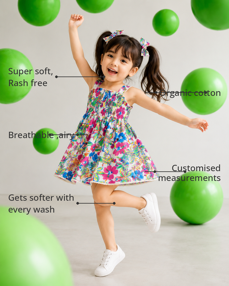 Anaario Rainbow Garden Smocked Dress features - organic cotton, super soft and rash free, breathable, gets softer with every wash, customised measurements