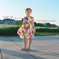 Anaario Rainbow Prism Dress features - organic cotton, super soft and rash free, breathable, gets softer with every wash, customised measurements