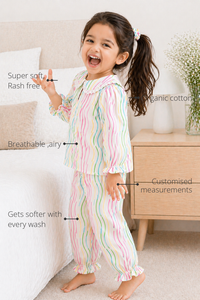 Anaario Rainbow Waves Night Suit features - organic cotton, super soft and rash free, breathable, gets softer with every wash, customised measurements