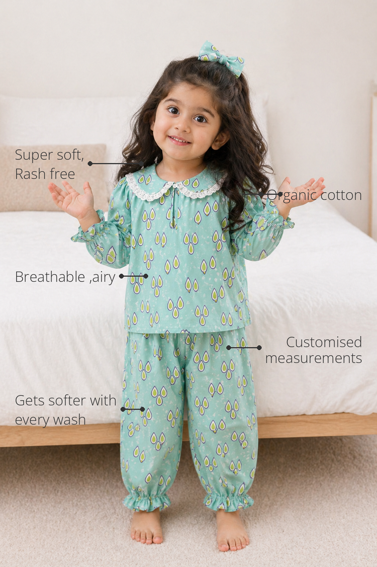 Anaario Raindrop Bliss Night Suit features - organic cotton, super soft and rash free, breathable, gets softer with every wash, customised measurements