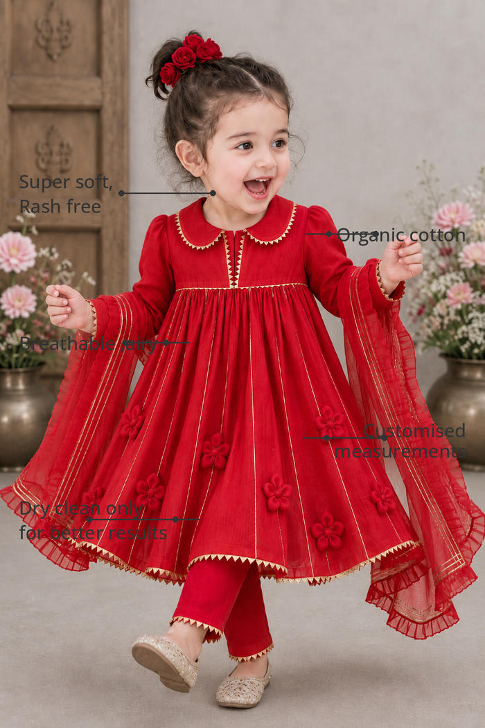 Anaario Red Anarkali Set features - organic cotton, super soft and rash free, breathable, dry clean only, customised measurements