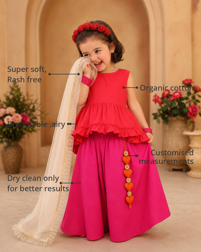 Anaario Red Pink Palazzo Set features - organic cotton, super soft and rash free, breathable, dry clean only, customised measurements