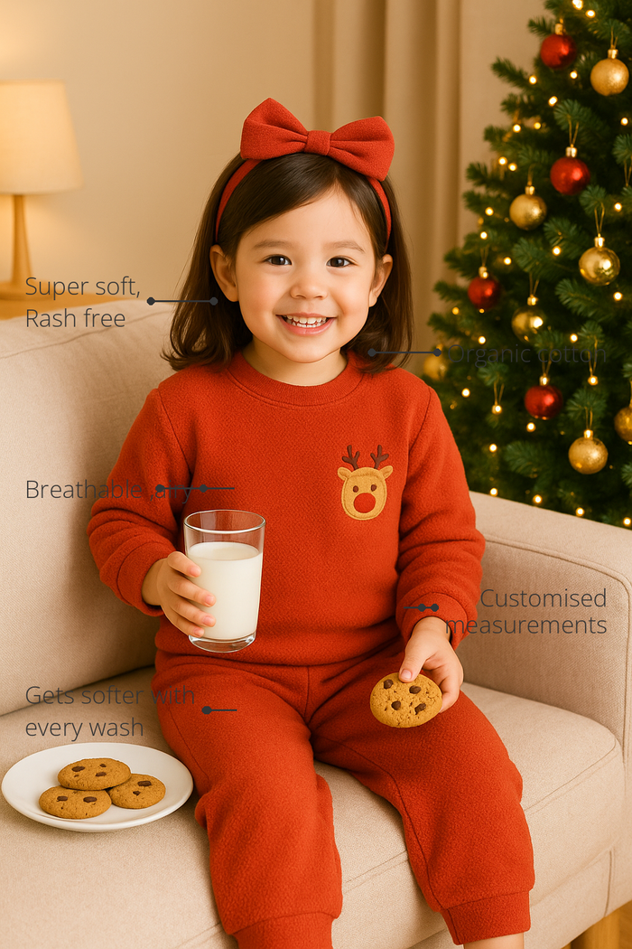 Anaario Red Reindeer Fleece Set features - organic cotton, super soft and rash free, breathable, gets softer with every wash, customised measurements