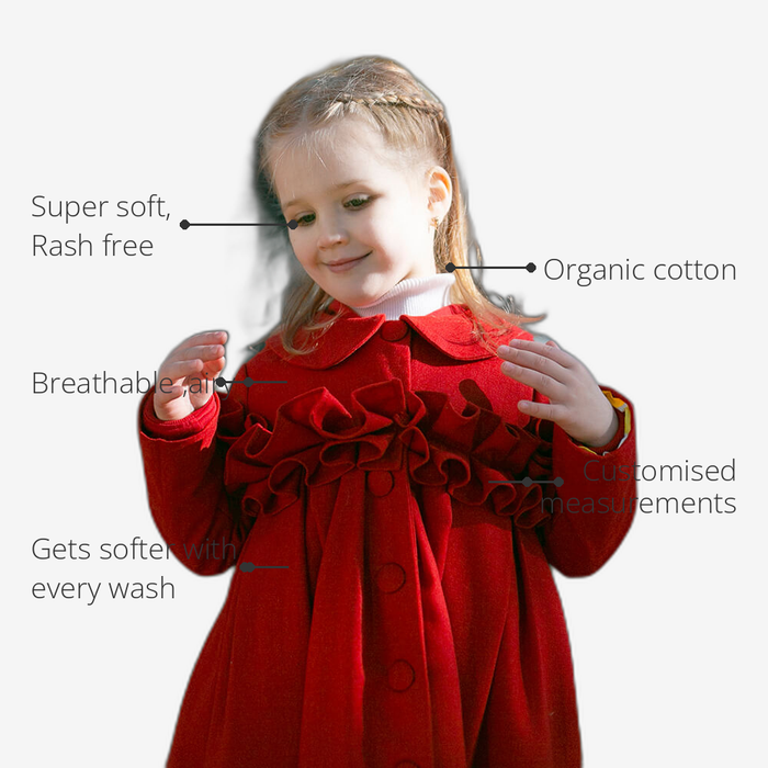 Anaario Red Riding Hood Dress features - organic cotton, super soft and rash free, breathable, gets softer with every wash, customised measurements