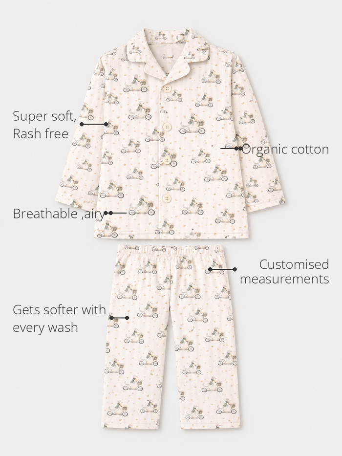 Anaario Retro Scooters Night Suit features - organic cotton, super soft and rash free, breathable, gets softer with every wash, customised measurements