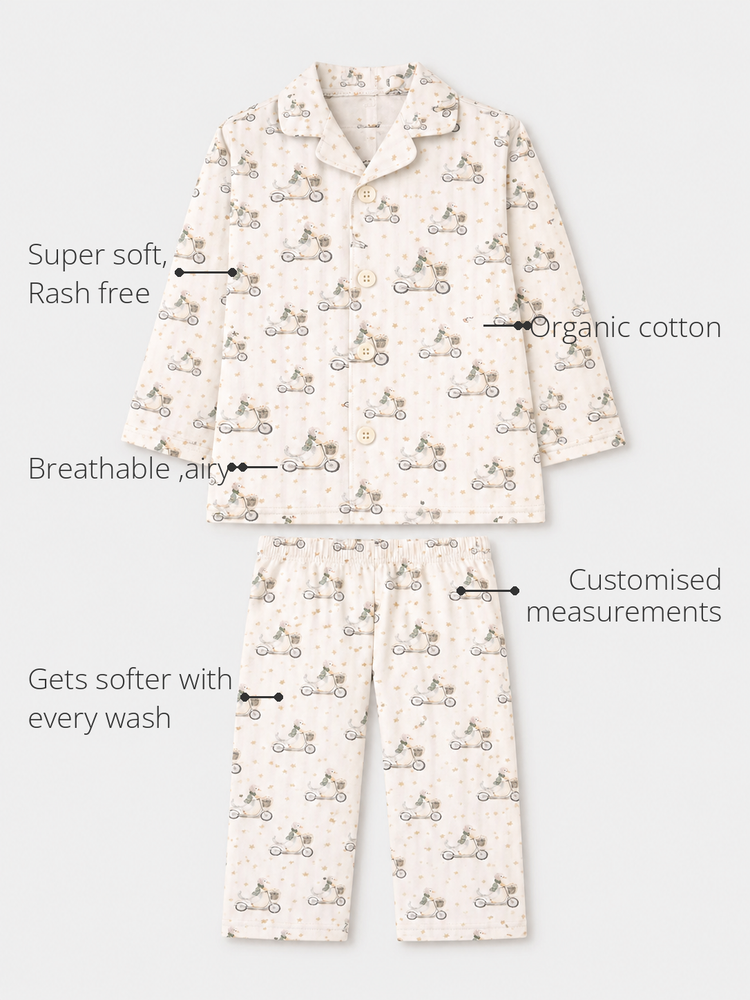 Anaario Retro Scooters Night Suit features - organic cotton, super soft and rash free, breathable, gets softer with every wash, customised measurements