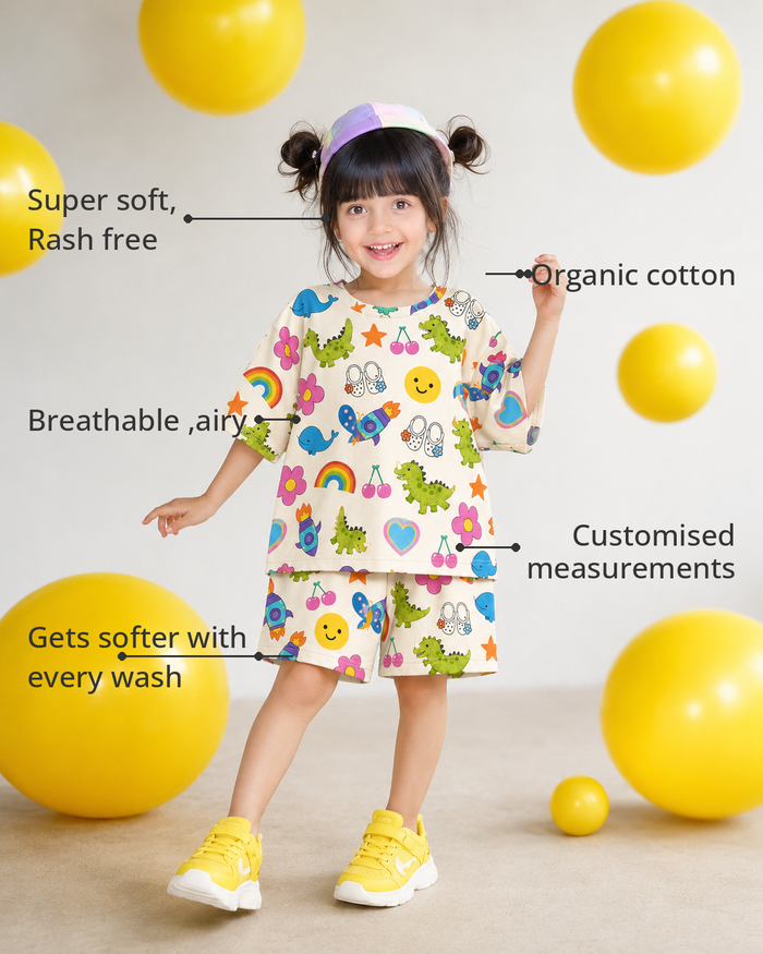 Anaario The Skippety-Hop Shorts Set features - organic cotton, super soft and rash free, breathable, gets softer with every wash, customised measurements
