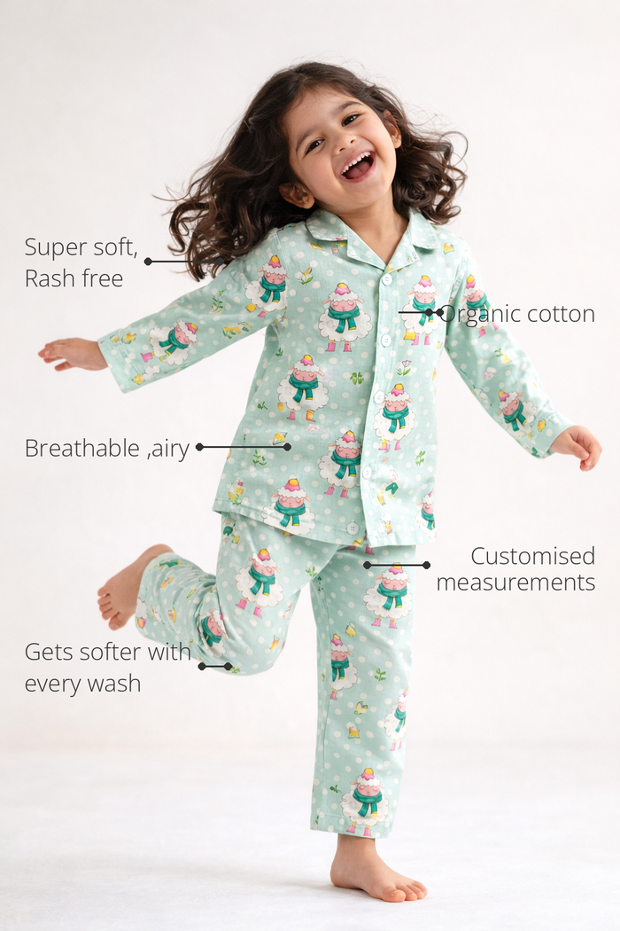Anaario Snowy Sheep Night Suit features - organic cotton, super soft and rash free, breathable, gets softer with every wash, customised measurements