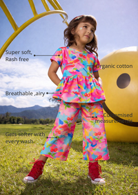 Anaario Splashes and Cherry Co-ord Set features - organic cotton, super soft and rash free, breathable, gets softer with every wash, customised measurements