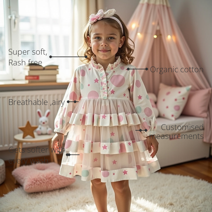Anaario Starry Dot Ruffle Dress features - organic cotton, super soft and rash free, breathable, gets softer with every wash, customised measurements
