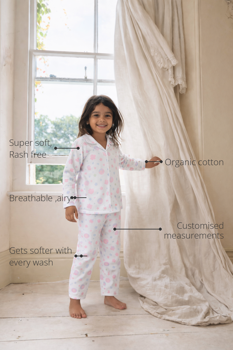 Anaario Starry Dots Night Wear features - organic cotton, super soft and rash free, breathable, gets softer with every wash, customised measurements
