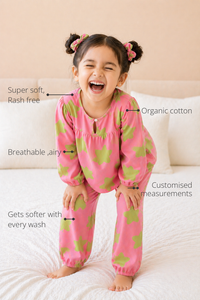 Anaario Starry Dreams Night Suit features - organic cotton, super soft and rash free, breathable, gets softer with every wash, customised measurements