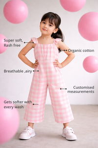 Anaario The Strawberry Soda Jumpsuit features - organic cotton, super soft and rash free, breathable, gets softer with every wash, customised measurements