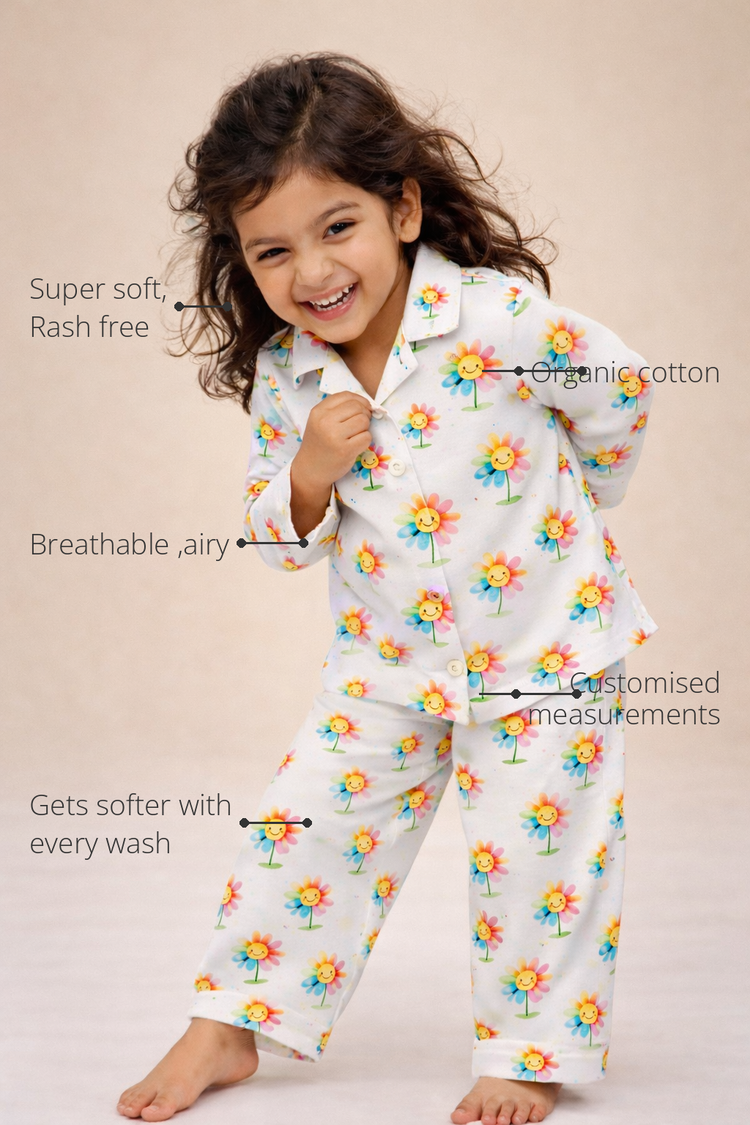 Anaario Sunny Daisies Night Suit features - organic cotton, super soft and rash free, breathable, gets softer with every wash, customised measurements